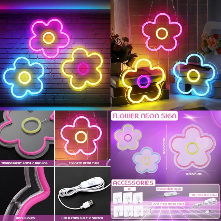 3 Pcs Flower Neon Sign Light u - Up Lighting Decor のレビューと価格