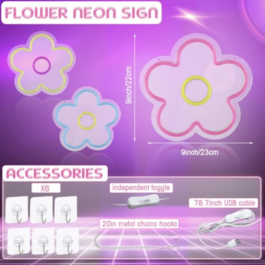 3 Pcs Flower Neon Sign Light u - Up Lighting Decor のレビューと価格
